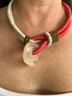 Red and Cream Rope Necklace with Glass Pendant and Brass Accents
